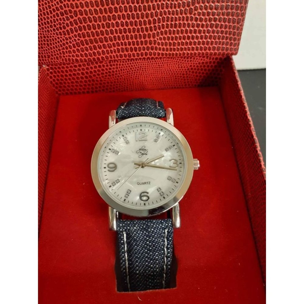 NIB Glam & Glow Unisex Watch, White Face, Denim Band, Stainless Steel Back, Gorg